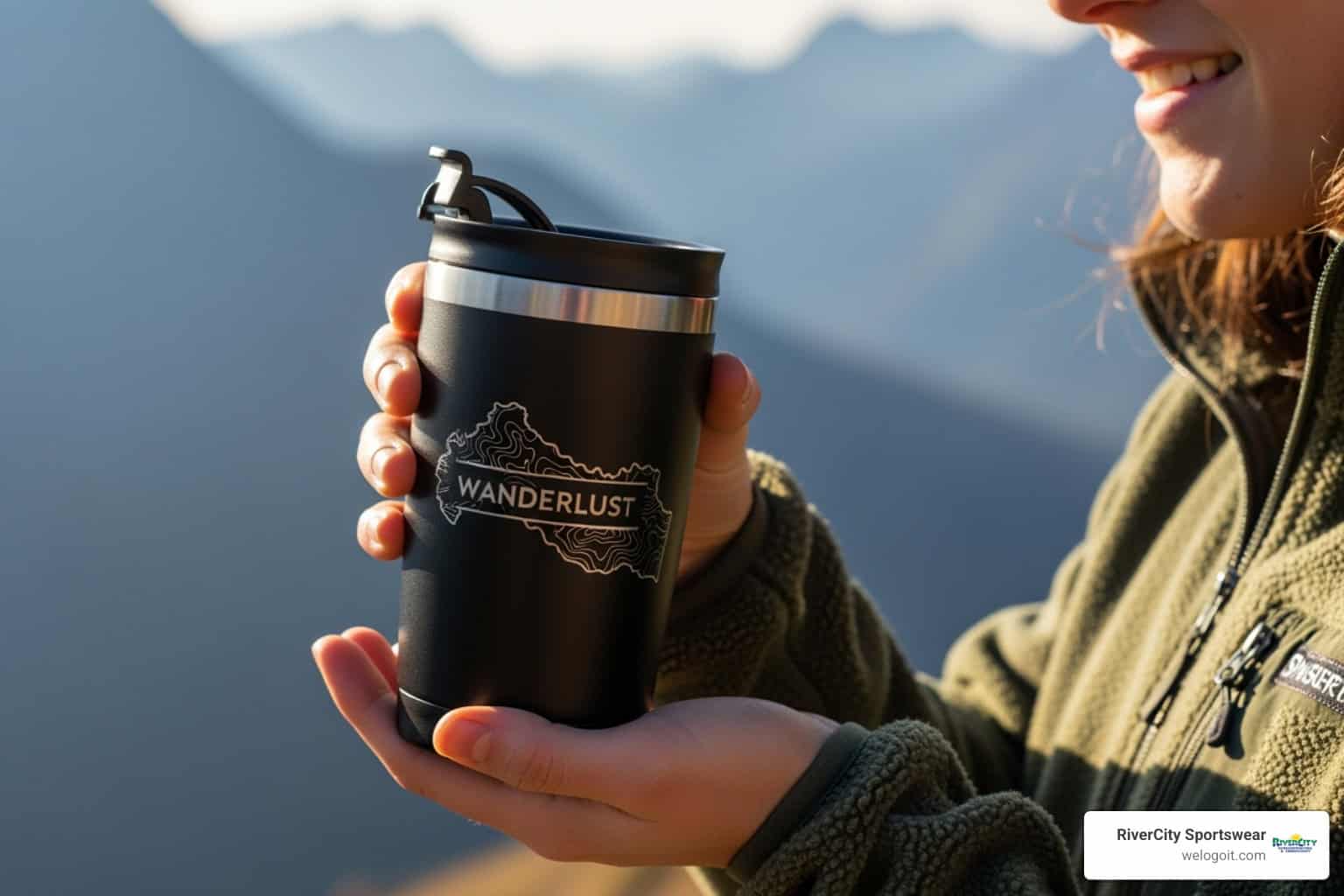 person using custom travel mug - custom promotional drinkware person using custom travel mug - custom promotional drinkware