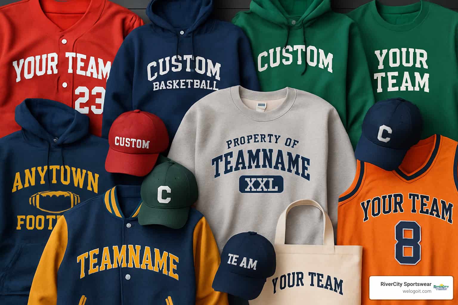 Collage showing various custom sports apparel including jerseys, hoodies, jackets, hats, and accessories in different team colors - custom sports apparel Collage showing various custom sports apparel including jerseys, hoodies, jackets, hats, and accessories in different team colors - custom sports apparel